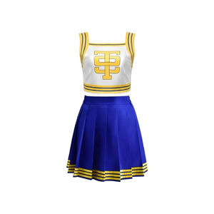 Uniforme de animadora blanco y azul para mujer con logo amarillo, top sin mangas y falda plisada para adultos, nuevo diseño, precio al por mayor. - Product Image 1