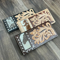 Dompet Kulit Asli Pria Gaya Koboi Handmade dengan Ukiran Bunga untuk Uang Tunai & Kartu, Dompet Lipat Portabel