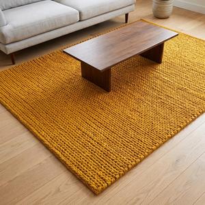Tapis moderne en laine unie jaune moutarde, tissé à la main texturé, à poils moyens, tapis de salon moderne à boucles pour la décoration intérieure - Product Image 4