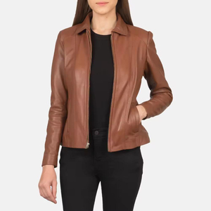 Blouson Bomber Femme en Cuir Véritable Marron Haut de Gamme Tendance 2026 – Manches Longues, Col Rabattu, Fermeture Éclair – Idéal pour l'Automne - Product Image 5