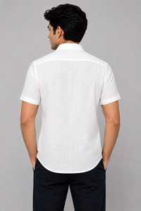 Chemise boutonnée à manches courtes en lin blanc pour homme, tenue décontractée d'été avec poche poitrine, motif uni, 140g - Product Image 3