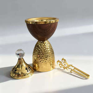 Wholesale Modern Walnut Wood Gold <b>Silver</b> Metal Bakhoor <b>Burner</b> Hammered Base Dome Top Arabian Mabkhara Goblet Shape Oud Incense - Product Image 2