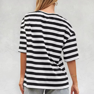 Camiseta de Manga Corta con Cuello Redondo y Rayas para Mujer, Corte Holgado, Tejida, 100% Algodón, Transpirable, para Primavera/Verano - Product Image 2