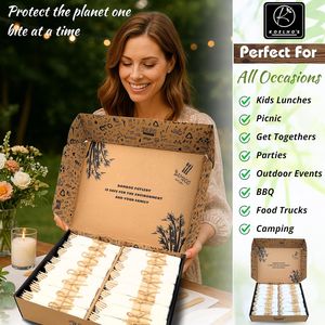 Set di posate e tovaglioli pre-rollati, 48 confezioni, 192 pezzi, 100% biodegradabili, ecologici, in bambù, usa e getta, in legno - Product Image 2
