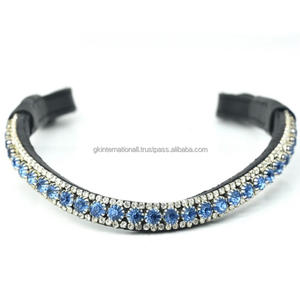 Diadema para caballo de cuero premium negro con forma de onda, en oferta, con 3 filas de cristales redondos brillantes, diadema mega brillante. - Product Image 3