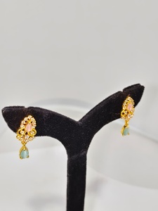 Authentic 22K Solid Gold Drop <b>Earrings</b> for Women with Floral Design and Pink <b>Green</b> Stones Wedding & Anniversary Jewelry - Product Image 2