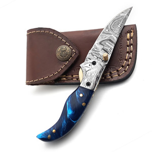 Couteau pliant en acier Damas, manche en résine bleu saphir, doublure en laiton, couteau de poche pour la chasse et le camping, fabricant - Product Image 5