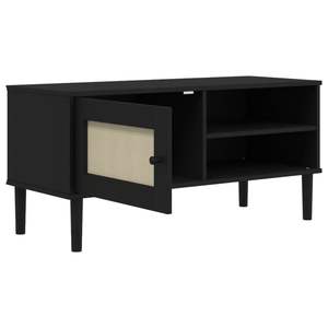 Mueble para TV de madera de pino maciza y madera de ingeniería en color negro con ratán sintético para sala de estar - Product Image 6