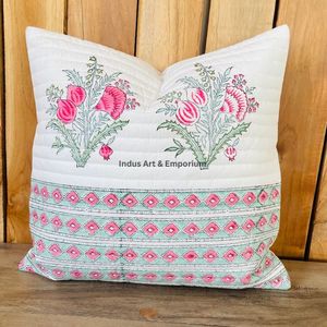 Indian Hand Block Print Cotton Quilted <b>Decorative</b> 40 X 40CM Square <b>Pillow</b> Cover - Product Image 5