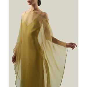 Robe de soirée élégante en coton/polyester vert, longueur cheville, coupe trapèze, sans manches, col en V, design asymétrique, haute qualité - Product Image 5