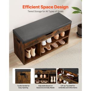 Banc à chaussures d'entrée 31,7 x 12,0 x 17,5 pouces, capacité 300 lb, avec assise rembourrée et espace de rangement relevable, organisateur de rangement intégré - Product Image 4