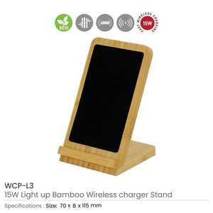 Bamboo Fast Wireless Charger Stand 15W with LED Logo - Product Image 3