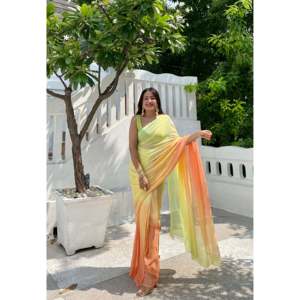 Sari de Chifón Verde Arcoíris sin Mangas, Étnico, Moderno, para Mujeres de India y Pakistán, Disponible en Todas las Temporadas, para Fiestas, Bodas y Eventos - Product Image 1