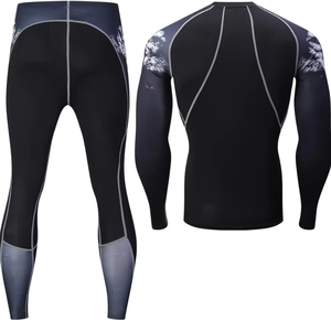 Conjunto de compresión de manga larga para hombre, color negro, cuello redondo, de secado rápido, licra y poliéster, top de manga larga y pantalones, kit sólido para todas las estaciones - Product Image 5