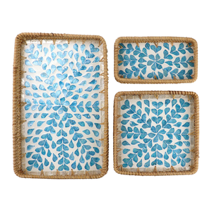 Hermosa Bandeja Rectangular de Ratán con Diseño de Conchas Marinas, Patrón de Mosaico de Hojas en Forma de Corazón Azul, Plato para Servir Té, Café y Comida, Venta al Por Mayor - Product Image 1