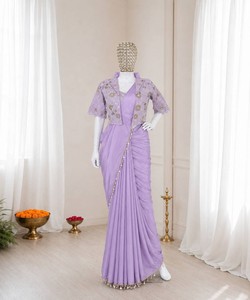 Elegant Purple <b>Saree</b> <b>With</b> Embroidered <b>Jacket</b> Women's Wedding Ethnic Wear Ready To Wear Floor Length Regular Fit 82846 BB-59 - Product Image 3