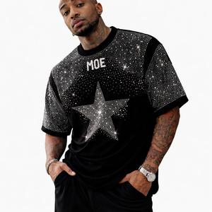 Camisetas Personalizadas para Hombre con Gráfico de Estrella con Pedrería Negra en Toda la Superficie, Ropa Urbana de Lujo, Camiseta de Algodón, Marca de Moda con Etiqueta Privada Personalizada, EE. UU. - Product Image 5