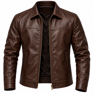Chaqueta de Motociclista de Cuero Genuino Marrón para Hombre con Cuello Alto y Cierre Frontal Ecológico - Product Image 1