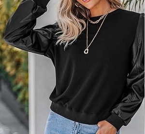 Long Sleeve Plain Black Color O <b>Neck</b> Round Blank PU Leather Sleeved <b>T</b>-<b>Shirts</b> Breathable <b>High</b> Quality Outdoor <b>T</b> <b>Shirt</b> Custom Logo - Product Image 3