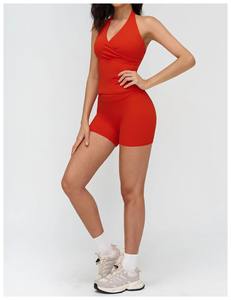 Custom Wholesale High Waist Yoga <b>Shorts</b> & Reversible <b>Sports</b> Bra Set Ribbed Fabric <b>with</b> Custom Thin Straps - Product Image 5