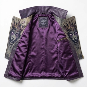Purple Vintage Distressed Leather Long Coat <b>Mens</b> <b>Gothic</b> Crown Demon Face Embroidered Flap Pocket Outerwear - Product Image 5