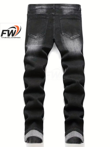 Jean en denim pour homme, coupe slim droite, délavé et usé, avec logo OEM, style streetwear de haute qualité, idéal pour l'été. - Product Image 2