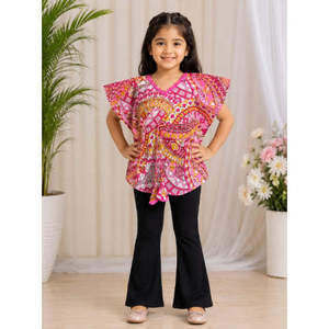 Girls Pink Sleeveless Kaftan Bohemian Style All-Over Printed Cotton Maxi <b>Dress</b> One Size Fits All-for Dinner & Parties - Product Image 1