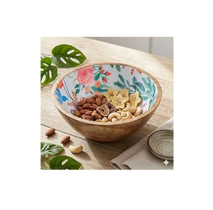 Bol de service en bois émaillé imprimé en gros avec 2 cuillères de service à motif rouge et noir, ensemble cuillère et fourchette en bois pour bol alimentaire - Product Image 2