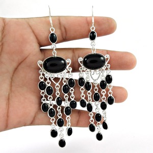 925 Sterling <b>Silver</b> Multi-Stone Black Onyx Gemstone <b>Earrings</b> Cluster <b>Dangle</b> Boho <b>Earrings</b> For Women Available At Factory Price - Product Image 2