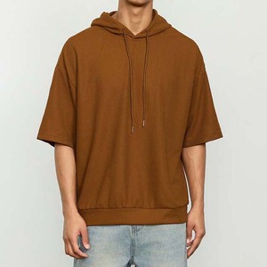<b>Men's</b> Oversized Black Hooded <b>Short</b> <b>Sleeve</b> Sweatshirt Cotton French Terry Casual Autumn Wear - Product Image 4