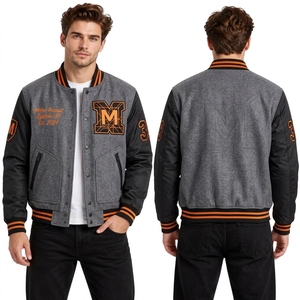 Chaqueta de Lana Gris Jaspeado con Mangas Negras, Parche de Letra M en Chenilla, Transpirable, Cálida, Chaquetas Letterman Casuales al por Mayor - Product Image 1