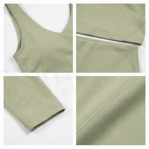 North Approach 2 Piece Yoga Set Deep V Neck Racerback <b>Crop</b> <b>Top</b> High Waist Leggings Solid <b>Green</b> Seamless Breathable Sportswear - Product Image 4