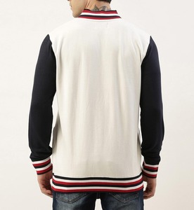 <b>Men's</b> PU Varsity <b>Jacket</b> <b>White</b> Body Navy Sleeves Embroidered Number 5 Button Closure Preppy Style Windproof Autumn OEM Service - Product Image 2