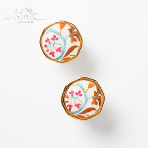 Hand Painted Ceramic Floral Cabinet <b>Knob</b> Gold Rim White Pink Orange Flower Design <b>Drawer</b> Pull Wardrobe Door Handle - Product Image 1