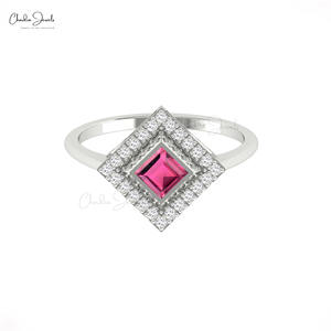 Vendeur Vérifié Bague de Mariage en Or Fin 14 carats avec Diamant et Tourmaline Rose Taille Carrée 4mm, Bague Halo, Bijoux de Mariée Personnalisés - Product Image 3