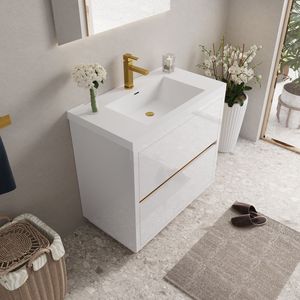 Mobile bagno freestanding da 36 pollici con cassetti soft-close e piano in resina effetto pietra, mobiletto contenitore bagno con lavabo - Product Image 2
