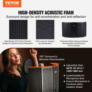 Pannello di Isolamento Acustico Portatile per Microfono da Studio, Design a 5 Pannelli, Filtro Anti-Pop, Supporto da Terra Regolabile, Assorbitore di Rumore, Include Supporto per Microfono - Product Image 2