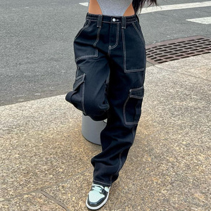 Casual Wholesale OEM Best Selling Regular Fit Straight Winter 100% Cotton Streetwear <b>Elastic</b> <b>Waist</b> Women Casual Cargo <b>Jeans</b> - Product Image 6