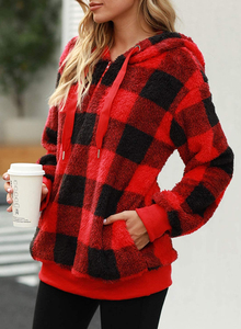 WOLF AKIMBO เสื้อสเวตเตอร์ครึ่งซิปสำหรับผู้หญิง สีแดงดำ ผ้าวูล/ไนลอนบุขนด้านใน เสื้อลำลองสำหรับฤดูหนาว - Product Image 6