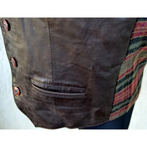 Vintage Leather Front <b>Tartan</b> Back Panel Motorcycle Biker Vest Custom Plaid <b>Waistcoat</b> Genuine Leather Fashion Streetwear Vest - Product Image 3