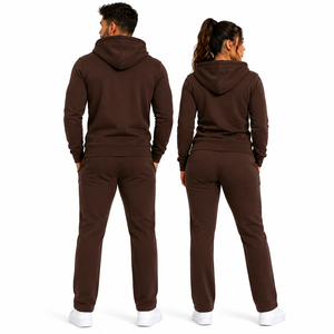 Sudadera con capucha unisex marrón personalizada con cremallera completa, conjunto de chándal de algodón y forro polar, ropa informal para estar en casa, conjunto deportivo, producción a granel, servicio de exportación - Product Image 2