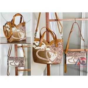 Ensemble de sacs à main en cuir fait main, prêt à être expédié en 2026, motif cœur en cuir de vachette, sac messager et portefeuille assorti, ensemble 2 pièces pour femmes - Product Image 1