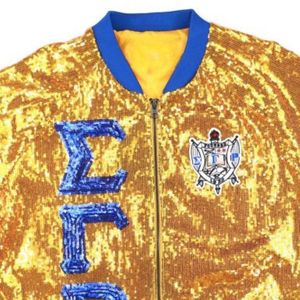 เสื้อแจ็คเก็ตปักเลื่อม Sigma Gamma Rho SGRho สำหรับสตรี ชมพูทองประกายระยิบระยับ  เสื้อผ้าสไตล์กรีก - Product Image 5