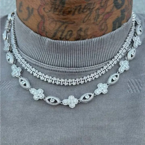 Collar de Cadena con Eslabones de Plata de Ley 925 con Cruz, Flor y Moissanita, Diseño de Ojo Turco Religioso - Joyería de Moda para Mujer, Regalo Ideal - Product Image 6