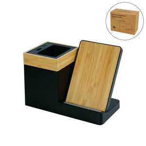 Bamboo Desktop Pen Holder with Wireless Charger Minimalist Office Organizer Rectangle Shape <b>Tabletop</b> Mount <b>Storage</b> Rack - Product Image 1