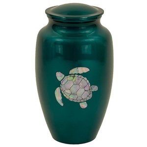 <b>Teal</b> Metal Memorial Urn with Turtle Inlay Artwork Dome Lid Keepsake Ashes Container for Funeral Remembrance Decor - Product Image 3