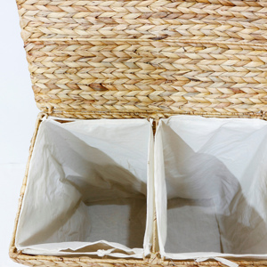 Handcrafted Water Hyacinth 2 Compartment Laundry Hamper <b>Basket</b> <b>with</b> <b>Lid</b> Liner - Product Image 6