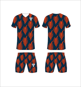 Custom sublimated soccer uniform set for men with dark blue and <b>red</b> chevron pattern print jersey and matching shorts - Product Image 4