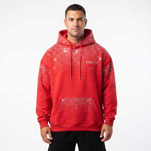 <b>Men's</b> Custom Oversized Rhinestone Cotton <b>Red</b> Rhinestone Hoodie Pullover Crystal Streetwear Fashion <b>Sweatshirt</b> - Product Image 1