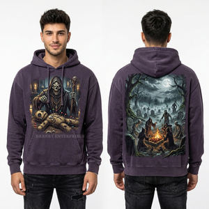 Sweat à capuche personnalisé violet foncé pour homme, streetwear, effet délavé, motif squelette Voodoo Sorcier, en molleton de coton épais - Product Image 1